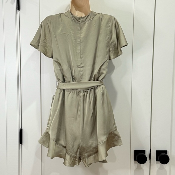 Show Me Your Mumu Say I Do Romper Satin Wrap Ruffle Moss Green Small NWT Bridal - Picture 4 of 13